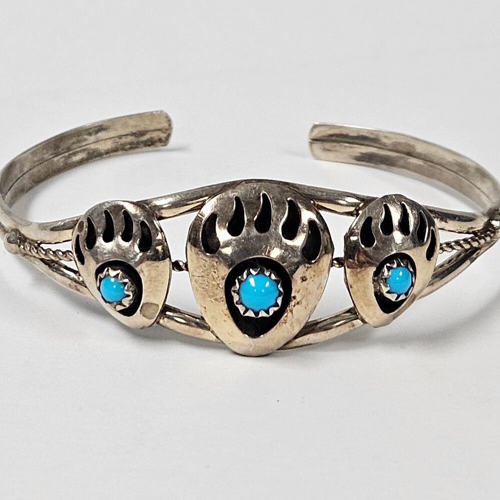 Vintage Sterling Silver Turquoise Bear Claw Cuff Bracelet Native American / SB2